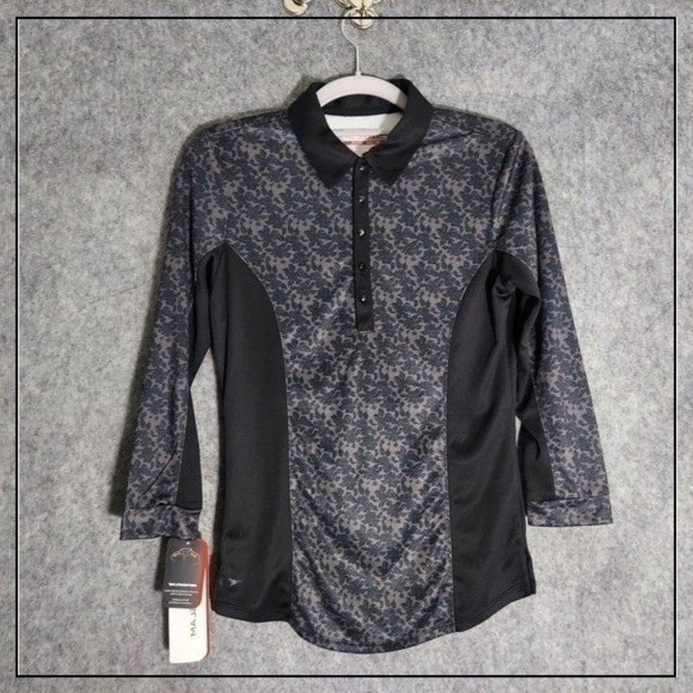 Grand Slam Women Polo XS Black‎ Floral 3/4 Sleeve Driflow UPF Golf Performance